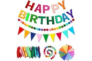 HUIAWAY Pre-Strung Happy Birthday Banner & Felt Garland Set, 3D Felt Colorful Birthday Decorations for Women Men Boys Girls |