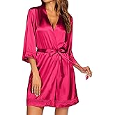 Ekouaer Women's Lace-Trim Silk Robes Bride Bridesmaid Kimono Satin Bathrobe V Neck Sleepwear with 3/4 Sleeve