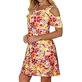Tanst Sky Women Cold Shoulder Dress Floral Printed Short Sleeve Sundress with Pocket