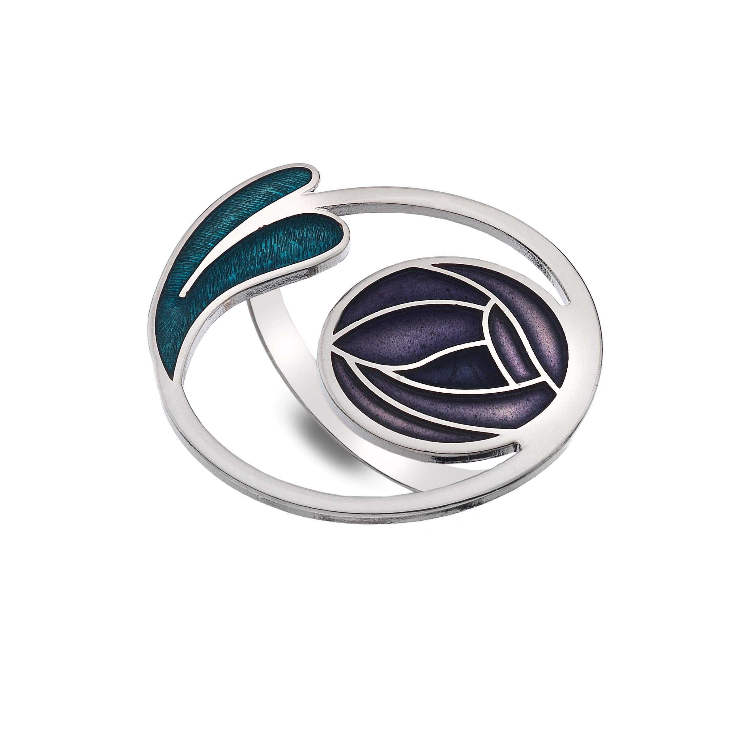 Sea Gems Mackintosh Inspired Fine Enamel 42mm Traditional Rose, Leaf and Coils Scarf Ring - 7279 (Purple/Turquoise)