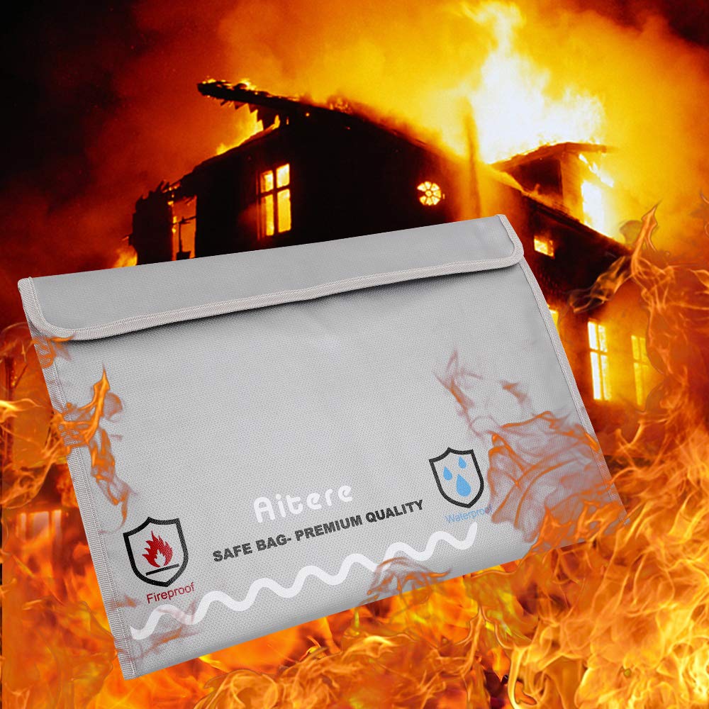 Aitere Fireproof Safe Document Bag- New Version Fireproof Envelope for Documents Non-Itchy Liquid Silicone Coated Fire & Water Resistant Money Bag Fireproof Safe Storage for Money, Documents, Jewelry