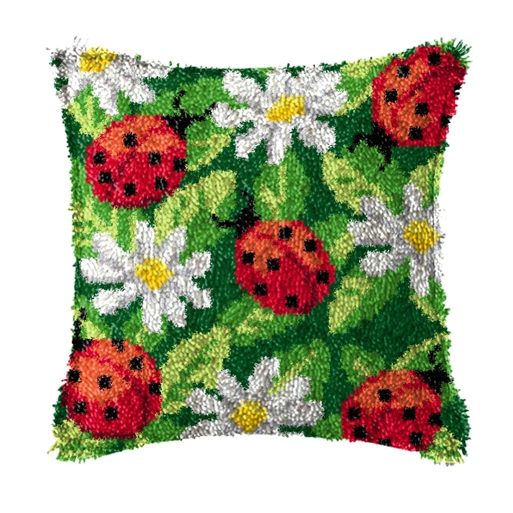 ZUHK Pre Printed Pattern Cross Stitch Sofa Cushion Cover,3D Pillow Materials Package Latch Hook Embroidery Kits with Latch Hook Tool fit for Beginner and Adults,43x43 cm (Ladybug A)