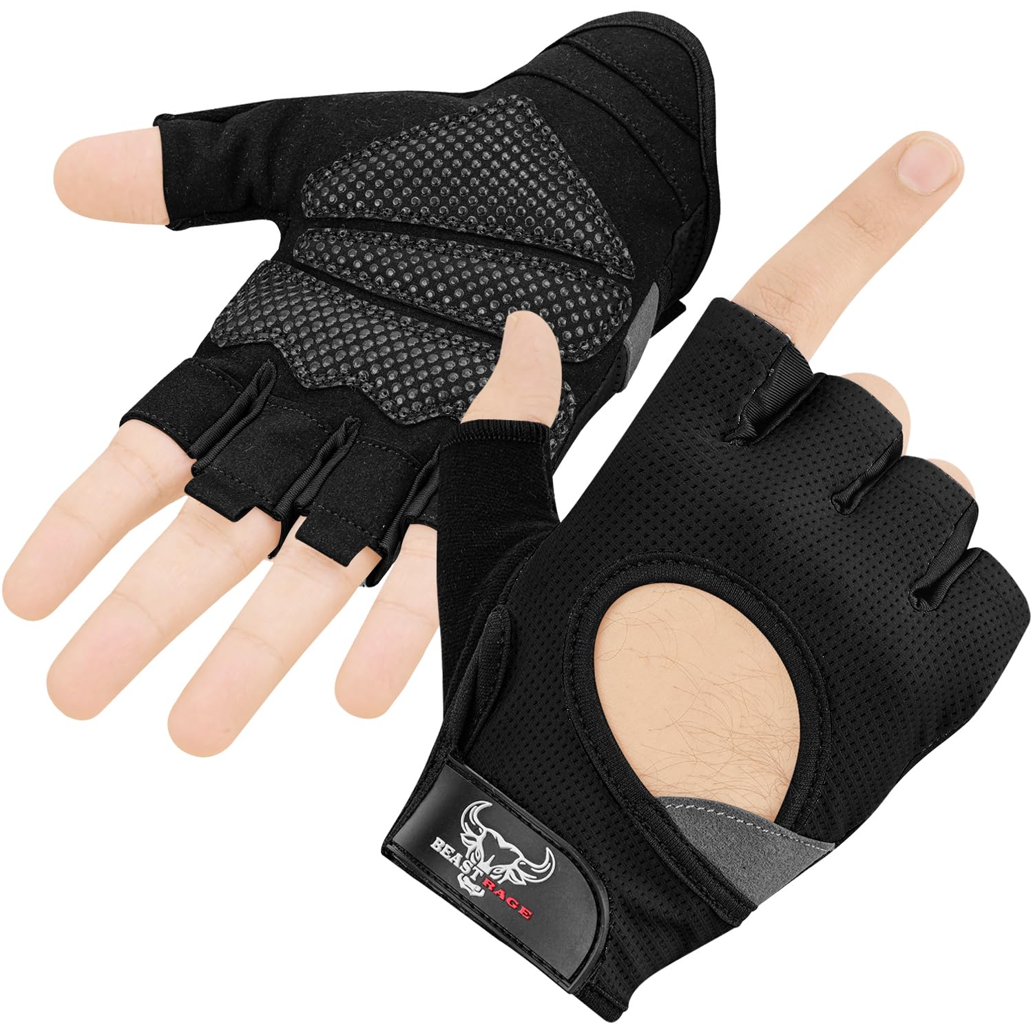 Photo 1 of BEAST RAGE Workout Gloves for Men and Women, Fingerless Weight Lifting Gloves with Palm Protection Padding, Breathable and Lightweight Gym Glove for Weightlifting, Cycling Pull Up (Black, M)