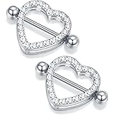 Oveta Heart Nipple Rings Surgical Steel 14G, Cute Internally Threaded Nipple Piercing Jewelry Barbells 14mm for Women, Silver/Gold, 2PCS