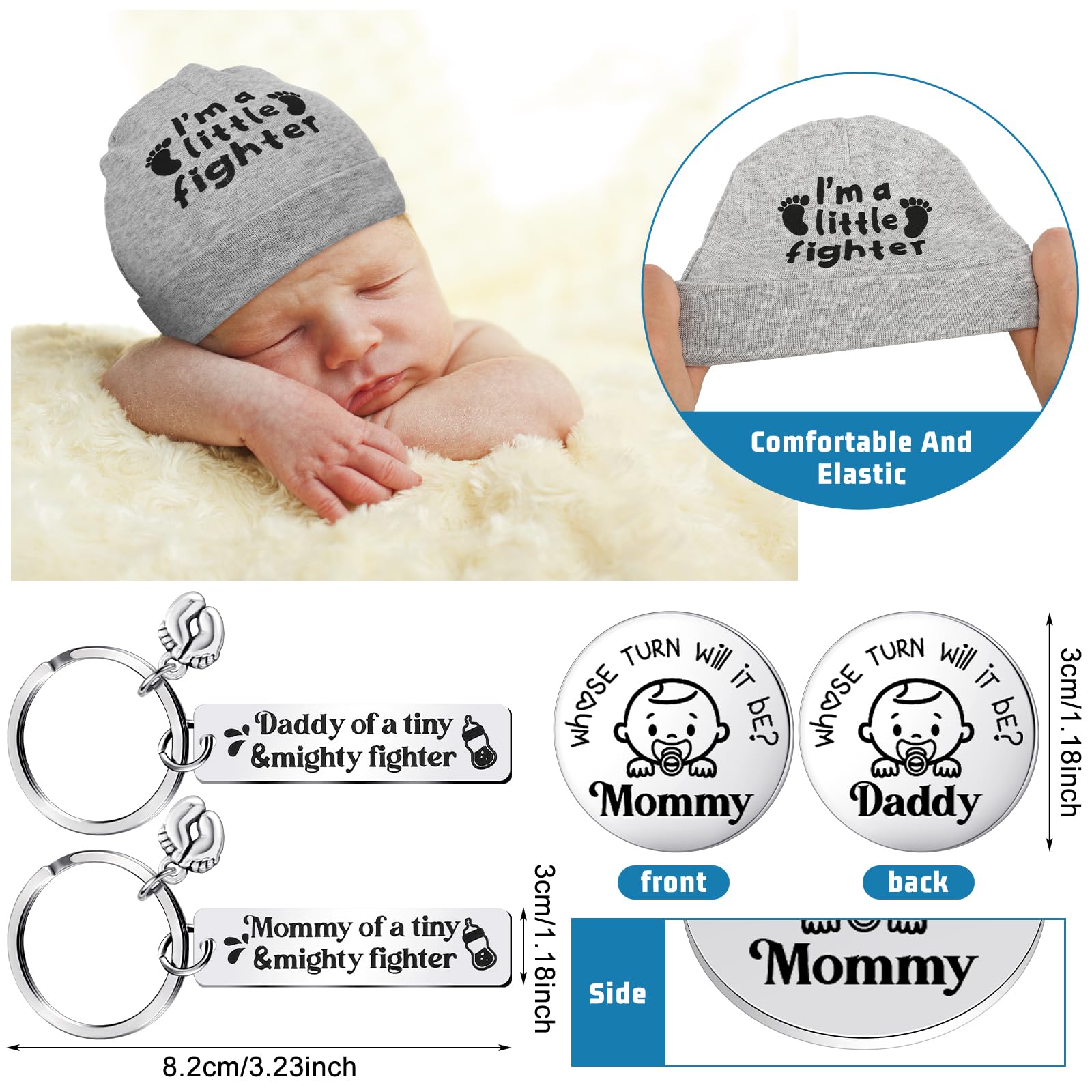 Toulite NICU Preemie Baby Gift Set I'm Little Fighter Preemie Baby Hat and Bodysuit Cotton Socks with Keychain Coin