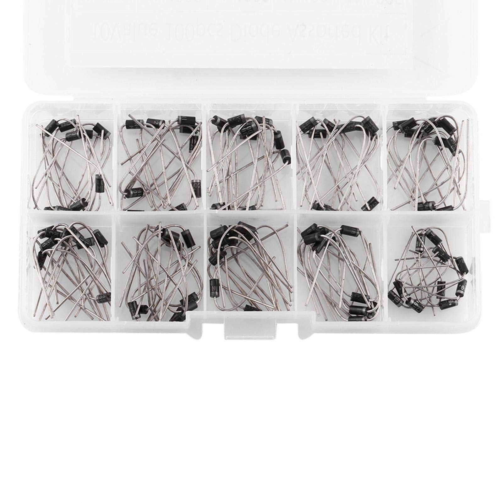 KUIDAMOS Rectifier Diode Assortment Electronic Kit,100pcs 10Values rectifier diode kit with Clear Box,1N4001~1N4007,1N5817~1N5819