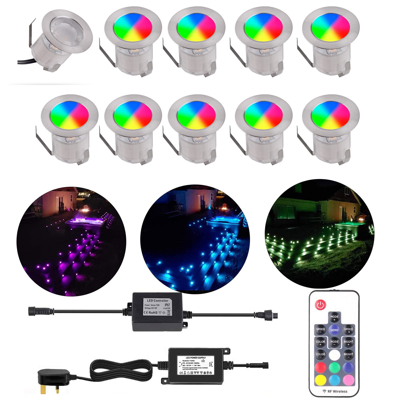 YZGWZLD ​Recessed Deck Lights 30mm IP67 Waterproof RGB Color Plinth Lights - In-Ground Landscape Lighting for Garden, Steps, Pathways - 10 Pack​​