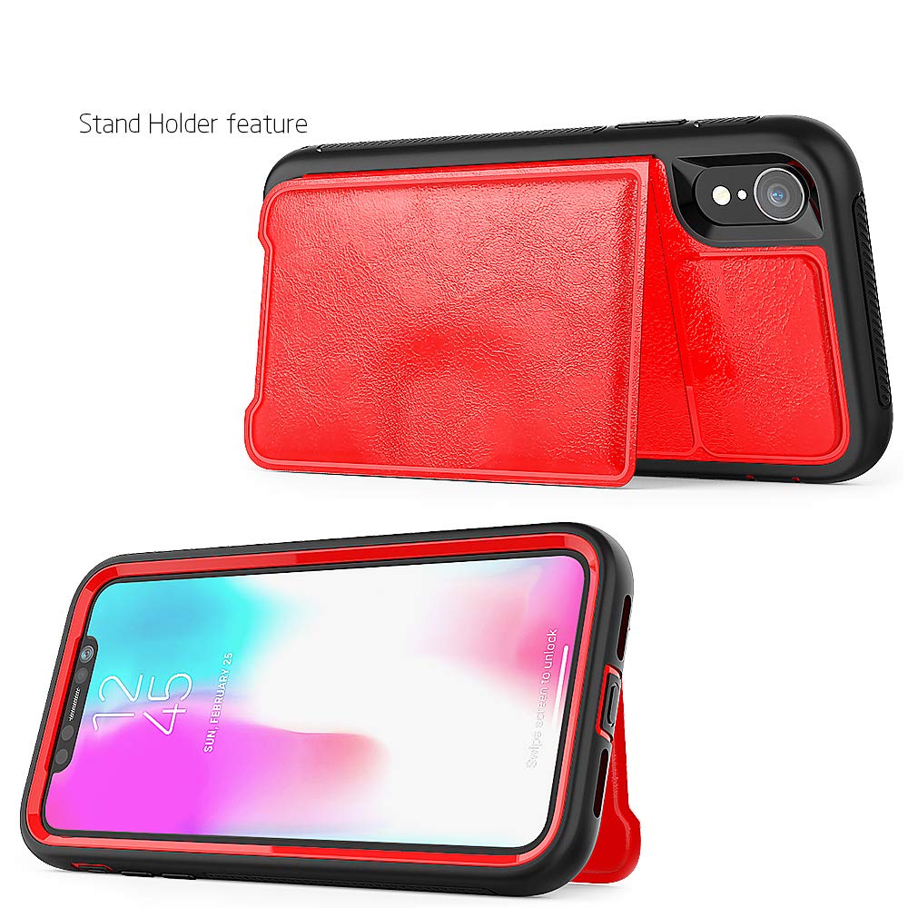 iPhone XR Case, Wallet Card Slots Holders Kickstand Flip Cover Bumper PU Leather TPU Rubber Hard Magnetic Slim Shockproof Durable Shockproof Protective Case Cover Competable with iPhone XR (Red)