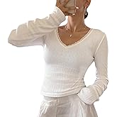 Cioatin Women Long Sleeve Pointelle Crop Tops Y2K Lace Patchwork V Neck Slim Fit Tshirt Minimalist Clothes Fall Going Out