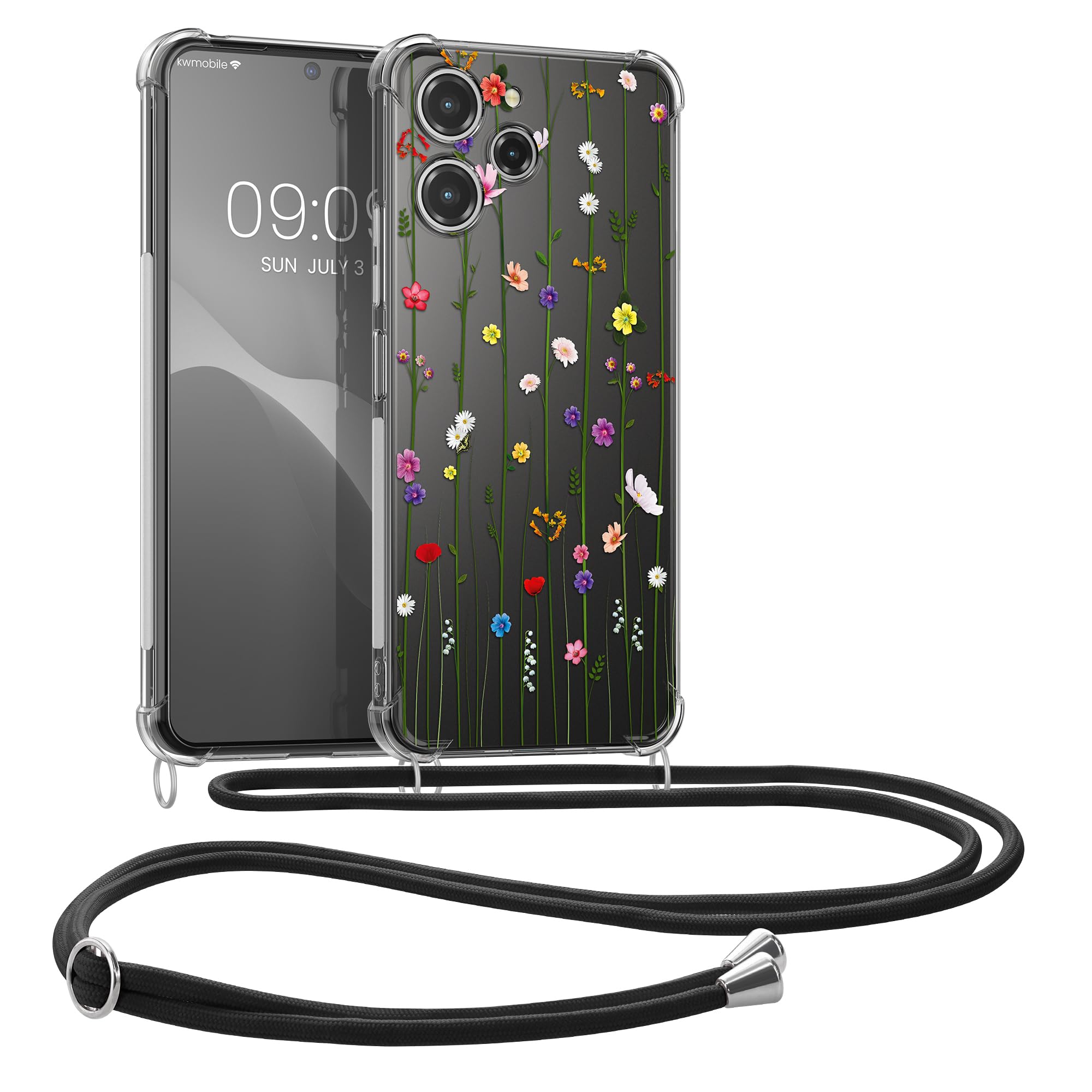 kwmobile Crossbody Case Compatible with Xiaomi Redmi 12 Case Strap - Wildflower Vines Multicolor/Transparent