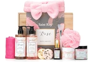 SAINT ROY Spa Gifts for Women, Self Care Kit ROSE Scented with Facial Cleanser, Scrub Body Wash, Facial Clay Mask, Facial, Essential Oil, Birthday Gifts Skin Care Set, Mothers Day Christmas Gifts for Women