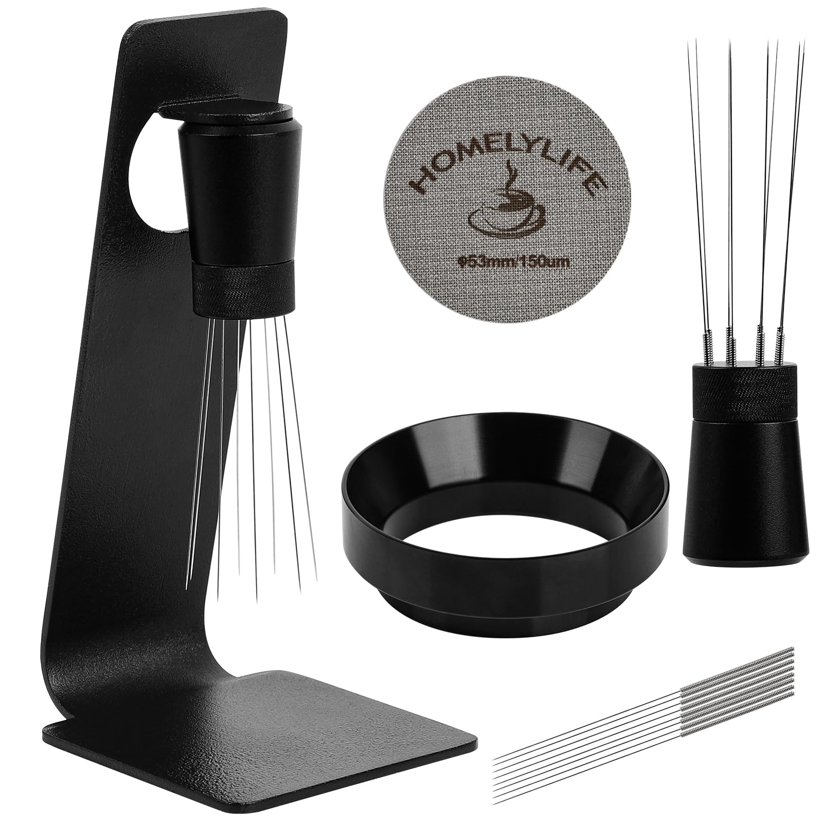 WDT Tool Espresso Puck Screen, 53mm Espresso Accessories Kit - 150μm Puck Screen Set, 0.25mm 316 Stainless Steel 8 Needles Coffee Distribution Stirrer, Dosing Funnel for Barista