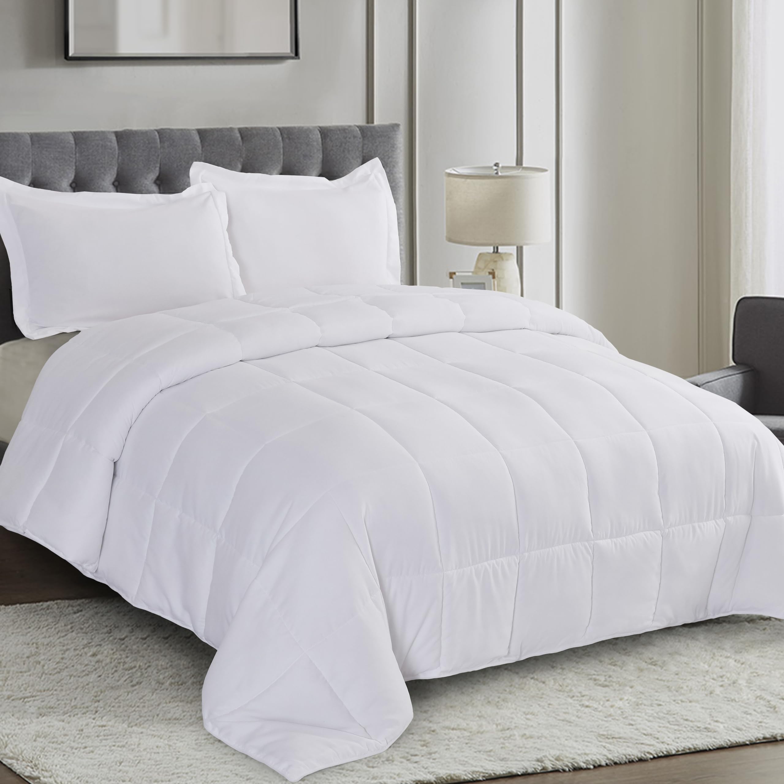 HIG 3 Pieces White Reversible Coverless Duvet Double - 200 x 200cm - OEKO-TEX Certified - 10.5 Tog Duvet with Corner Tabs - Down Alternative Comforter with 2 Shams - Machine Washable