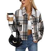 CYCLAMEN Women's Flannel Plaid Cropped Shacket Jacket Long Sleeve Button Down Crop Shirt Coat Fall Fashion Casual Outfits