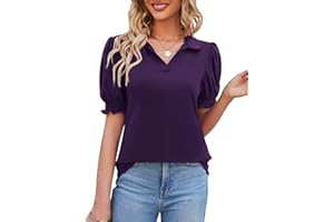 Micoson Womens Short Sleeve Polo T Shirts V Neck Casual Collared Tops Puff Sleeve Work Tunic Blouses