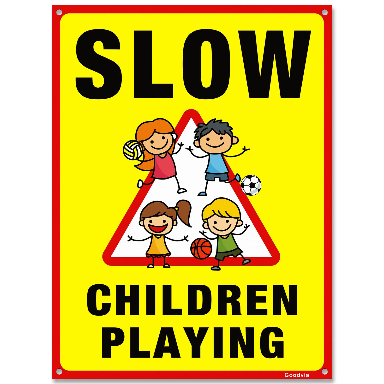 Goodvia XXL Slow Children at Play Sign 40x30cm PVC with Pre-drilled Holes for Easy Installation UV Protection Durable and Weather-resistant