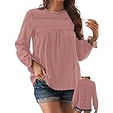 Falechay Womens Boho Tops Long Sleeve Shirts For Women Cute Crewneck Blouse Dressy Casual Swiss Dot Crochet Hollow Top 2026