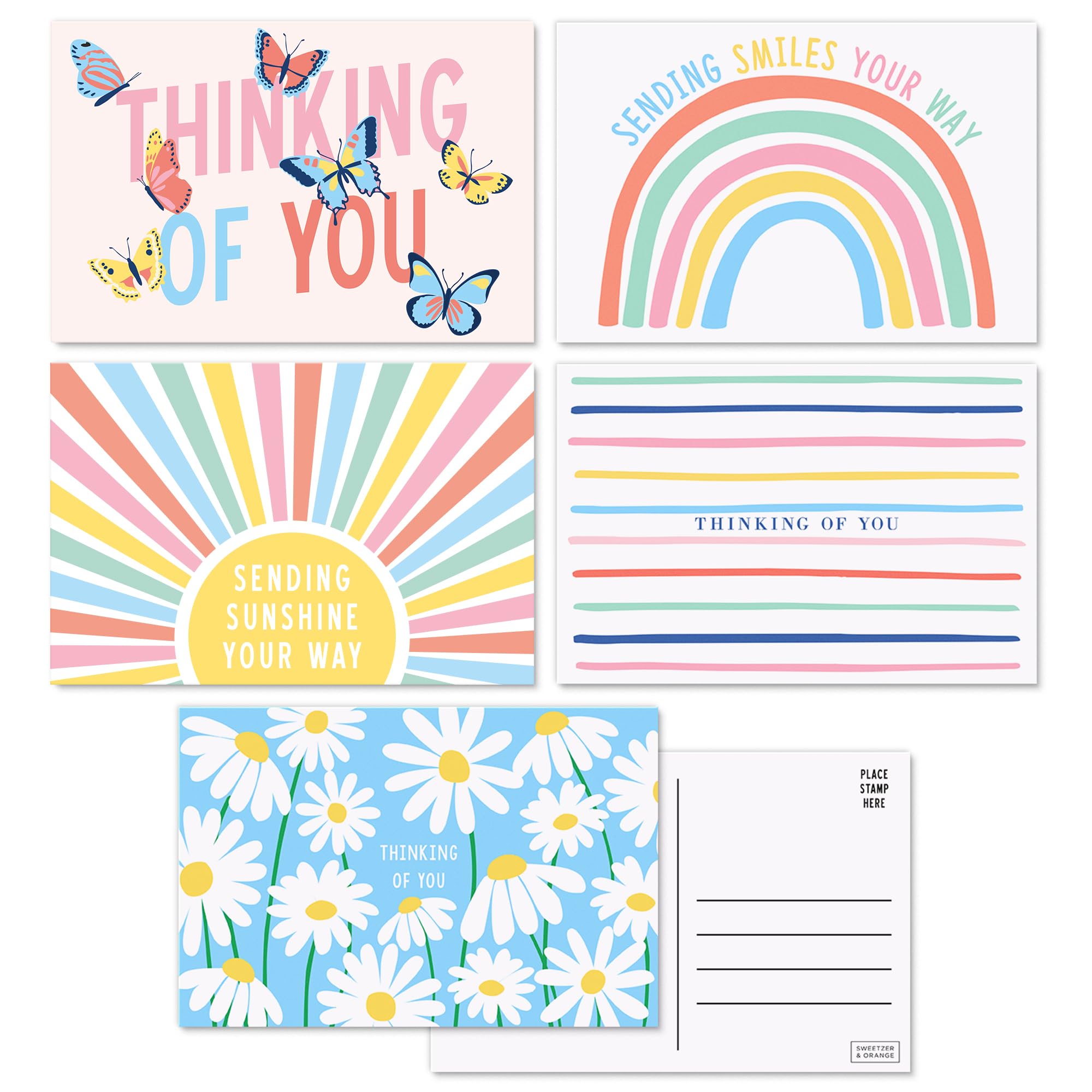 SWEETZER & ORANGE Thinking of You Postcards Pack (60 cards) 4x6 Postcards for Kids and Adults. Assorted Blank Flyers, Sympathy coupons, Greeting Sheets. 300gsm Note papers.