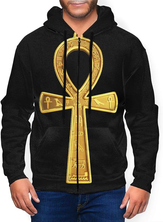 Men'S Full Zip Hoodie Ancient Egyptian Ankh Golden 3d Zipper Sweatshirt