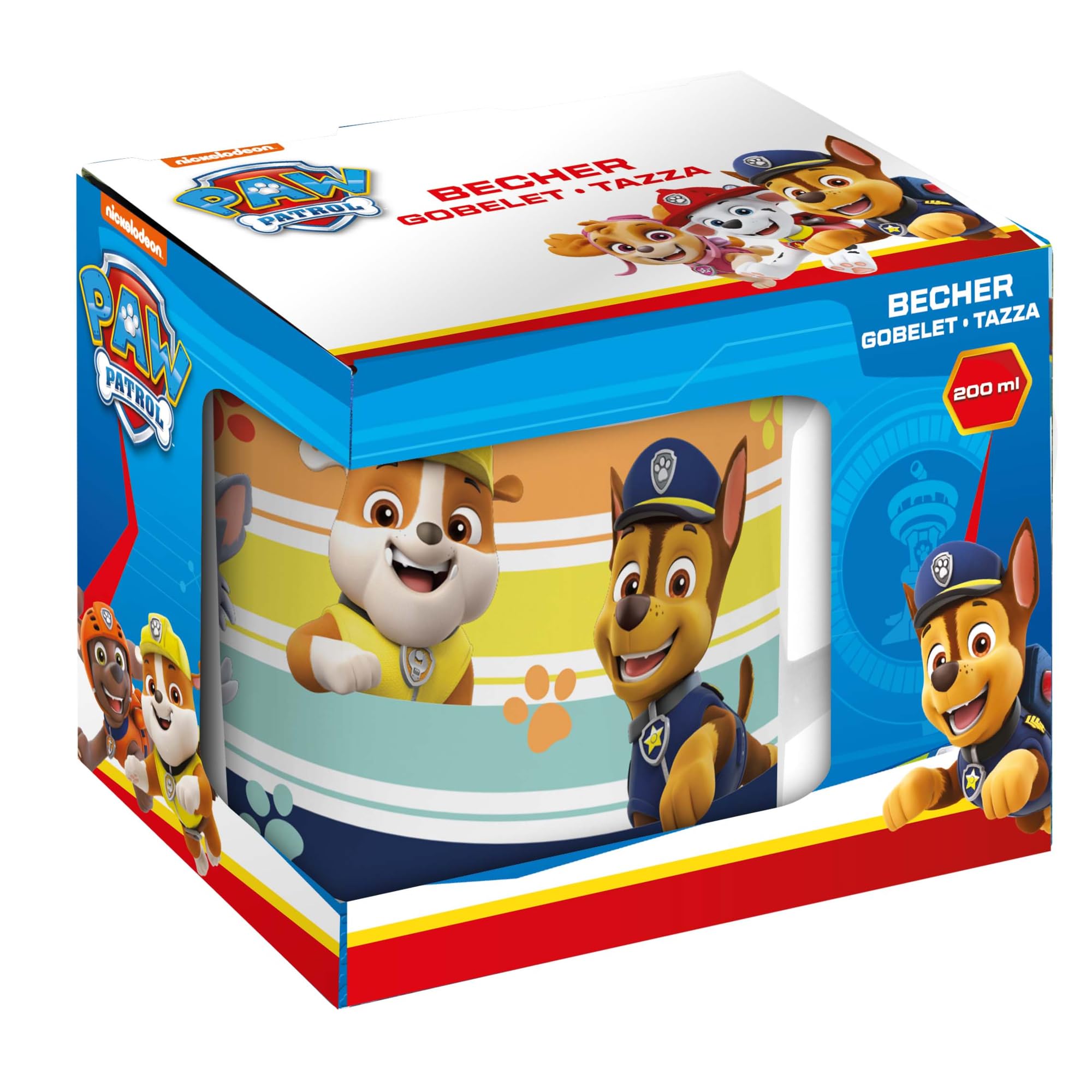 P:OS Handels POS 29460 Drinking Mug with Paw Patrol Motif, Cup for Boys and Girls with Approx. 200 ml Capacity, Made of Porcelain, in Gift Box, Microwave and Dishwasher Safe