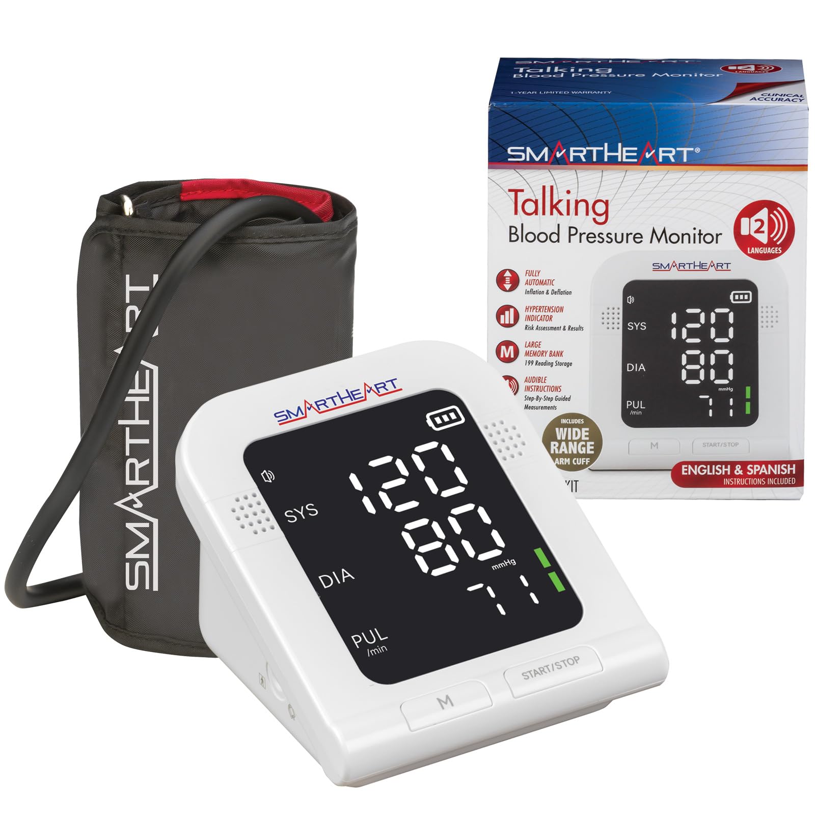 Photo 1 of SmartHeart Blood Pressure Monitor | Wide-Range Upper Arm Cuff | Talking English Spanish Audible Instructions and Results | 199-Reading Memory