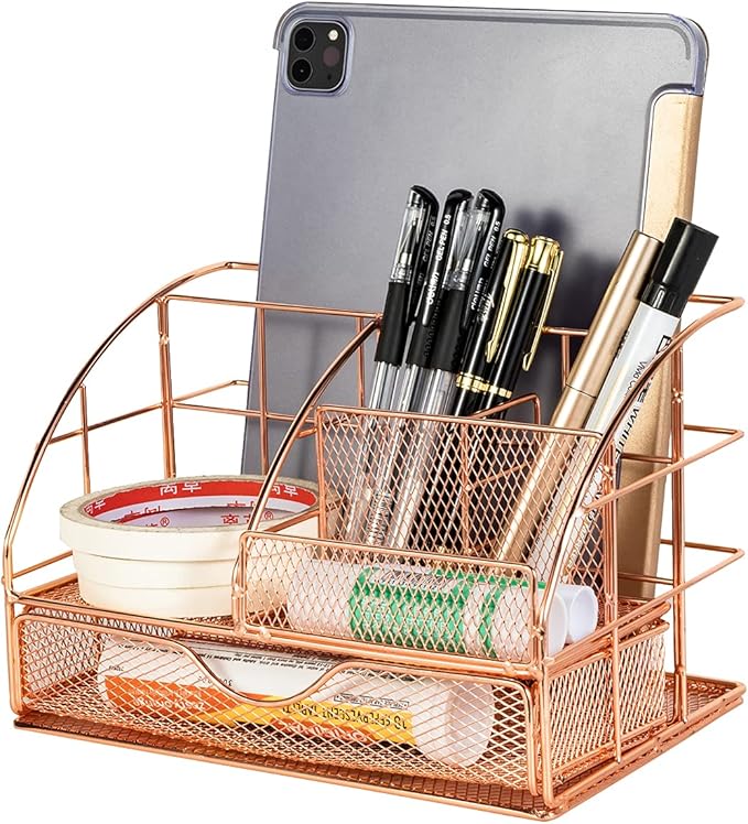 Rose Gold Desk Organizer for Women,, MultiFunctional Mesh Desk Organizers with 6 Compartments