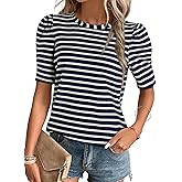 Dokotoo Women's Casual Short Puff Sleeve Crew Neck Striped T Shirts Summer Tops