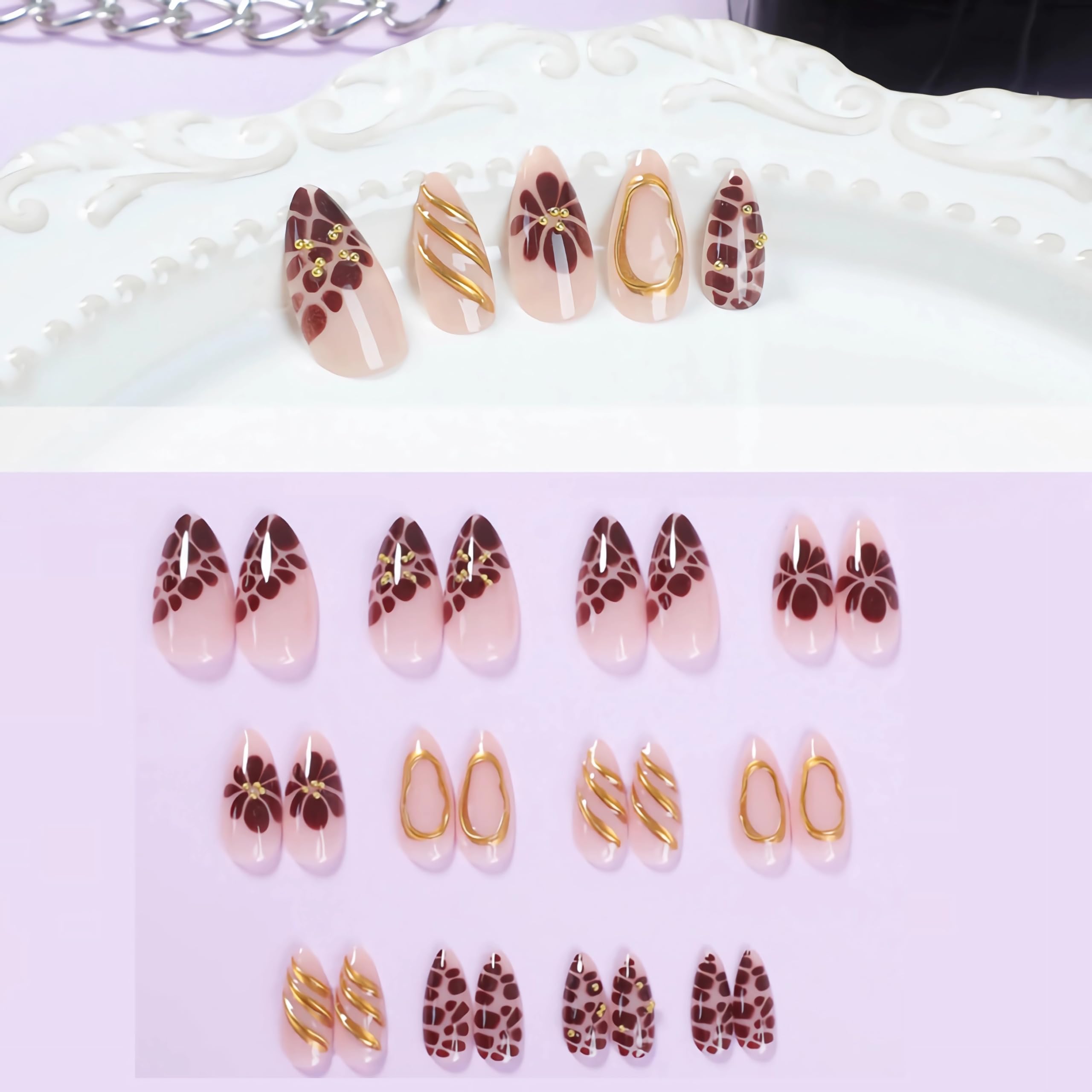 BABALAL Press on Nails Medium Almond Fake Nails Brown Glue on Nails Fall Flower 3D Gold Texture Design Acrylic Nails 24Pcs Handmade Stiletto Stick on False Nails - Image 5