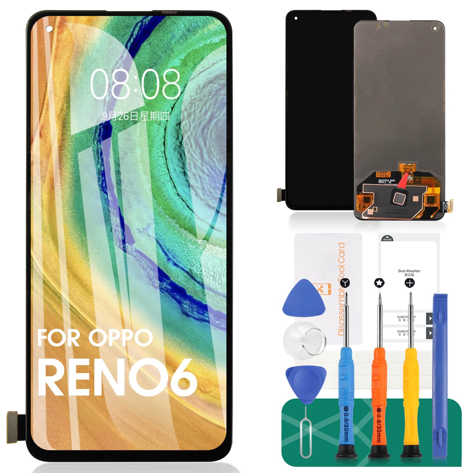OLED For Oppo Reno6 /Reno 6 LCD Display Screen Replacement PEQM00, CPH2251?CPH2235 Touch Digitizer Kits Without Frame (Black,With Fingerprint,For 4G/5G)