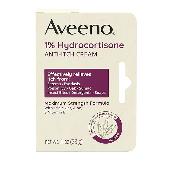 AVEENO MAXIMUM STRENGTH 1% HYDROCORTISONE ANTI-ITCH CREAM, TRIPLE OAT, ALOE & VITAMIN E FOR ITCH RELIEF FROM ECZEMA, PSORIASIS, INSECT BITES, POISON IVY, OAK & SUMAC & DETERGENTS, 1 OZ, 2 PACK