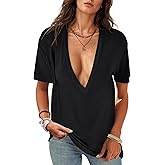 UNCLECAT Womens Deep V-Neck T Shirts Sexy Short Sleeve Tops Summer Oversized Tee