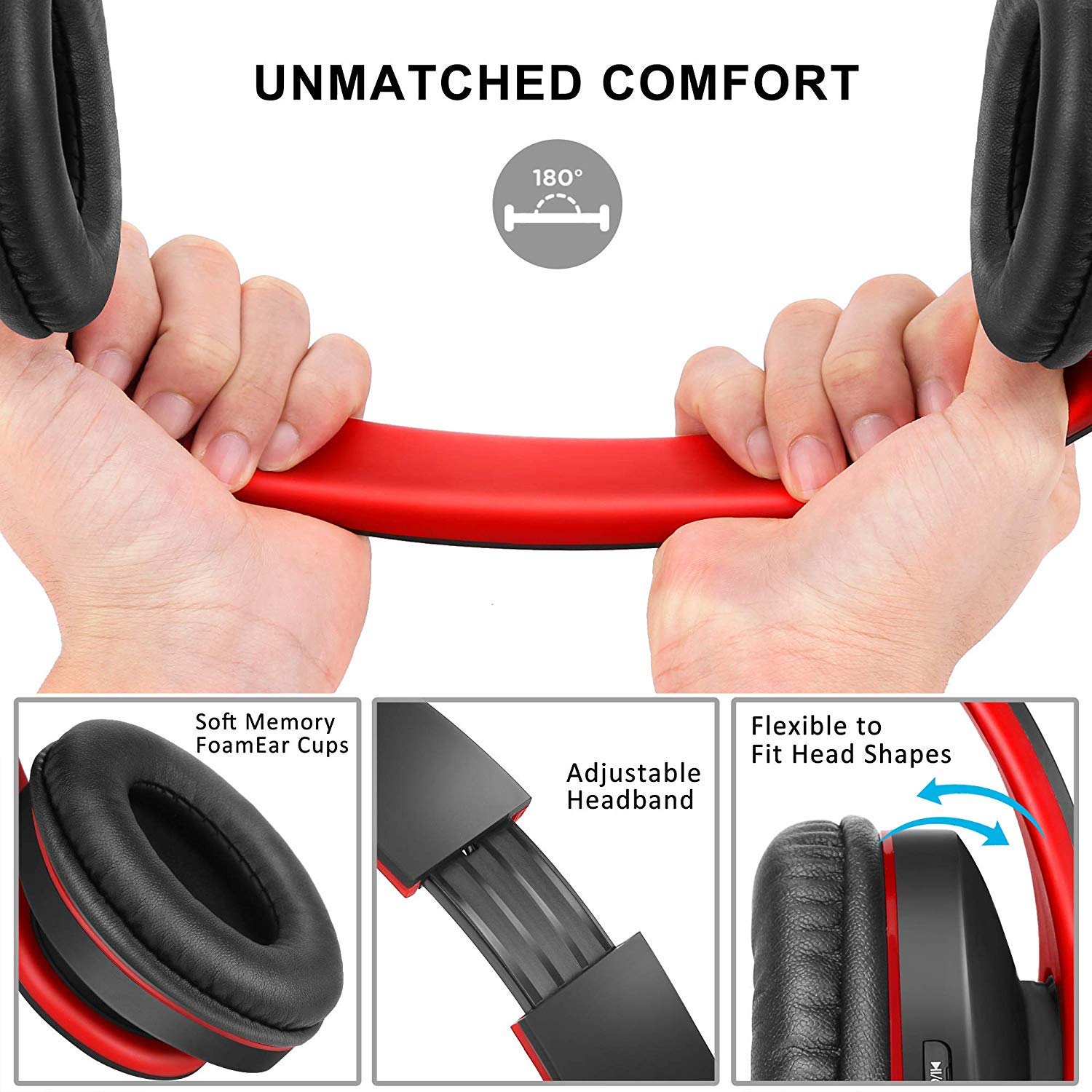 Wireless Over-Ear Headphones with Deep Bass, Foldable Wireless and Wired Stereo Headset Buit in Mic for Cell Phone, PC,TV, PC,Soft Earmuffs &Light Weight for Prolonged Wearing (Black/red)