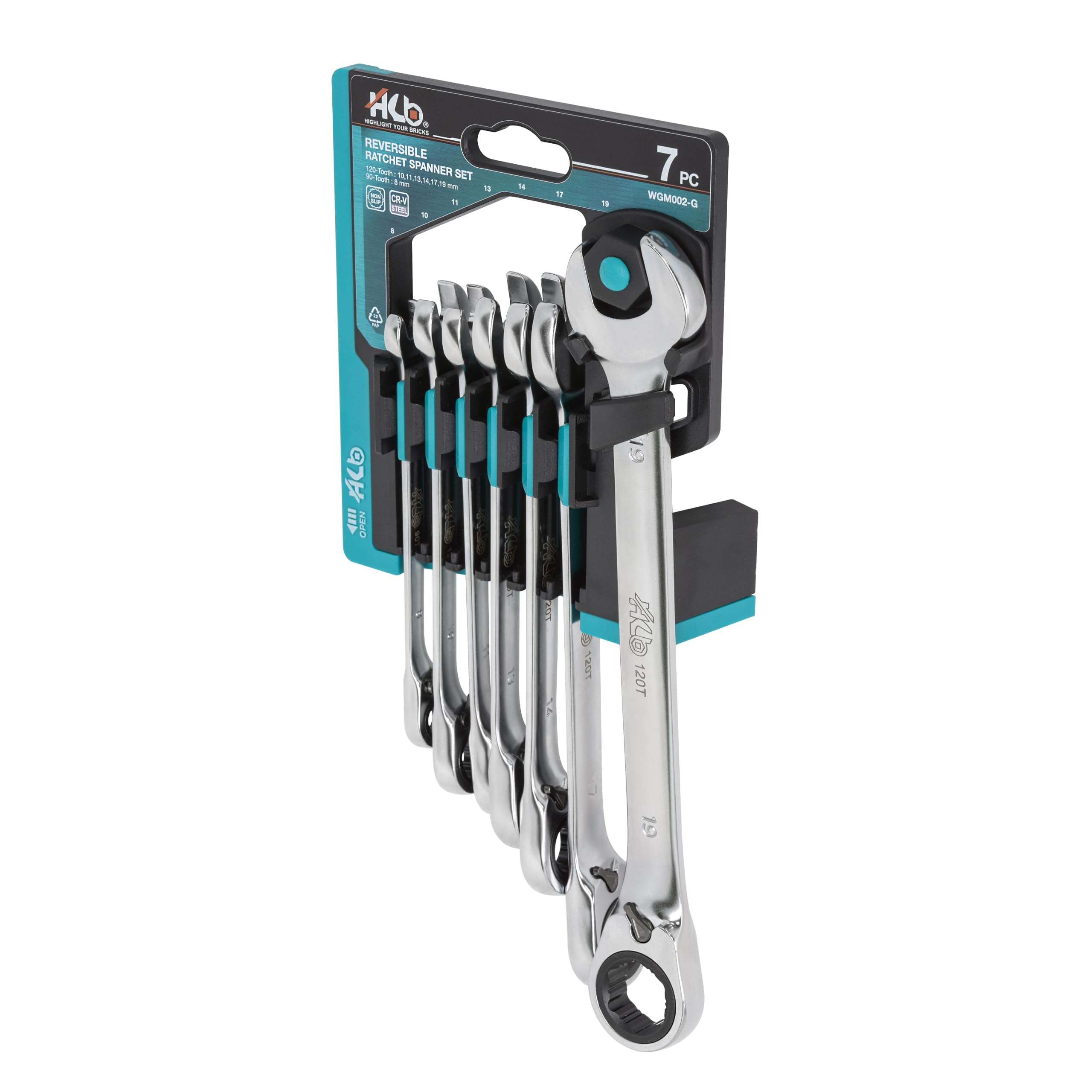 HB 7 Piece Ratchet Spanner Set Metric 90 Tooth & 120 Tooth Non Slip Reversible Combination Wrenches with Storage Rack Chrome Vanadium Steel Professional Workshop Tools Made in Taiwan WGM002-G