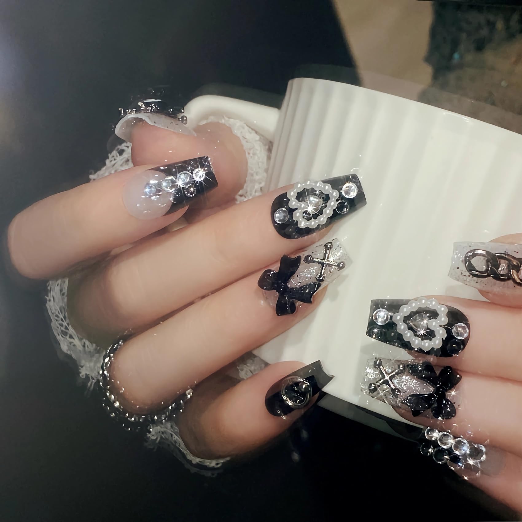 BABALAL Press on Nails Medium Coffin Fake Nails Black French Tip Glue ons Nails Cute Bow Anime Heart Charm Design Acrylic Nails 24Pcs Luxury Bling Ballerina Manicure DIY False Nails - Image 3