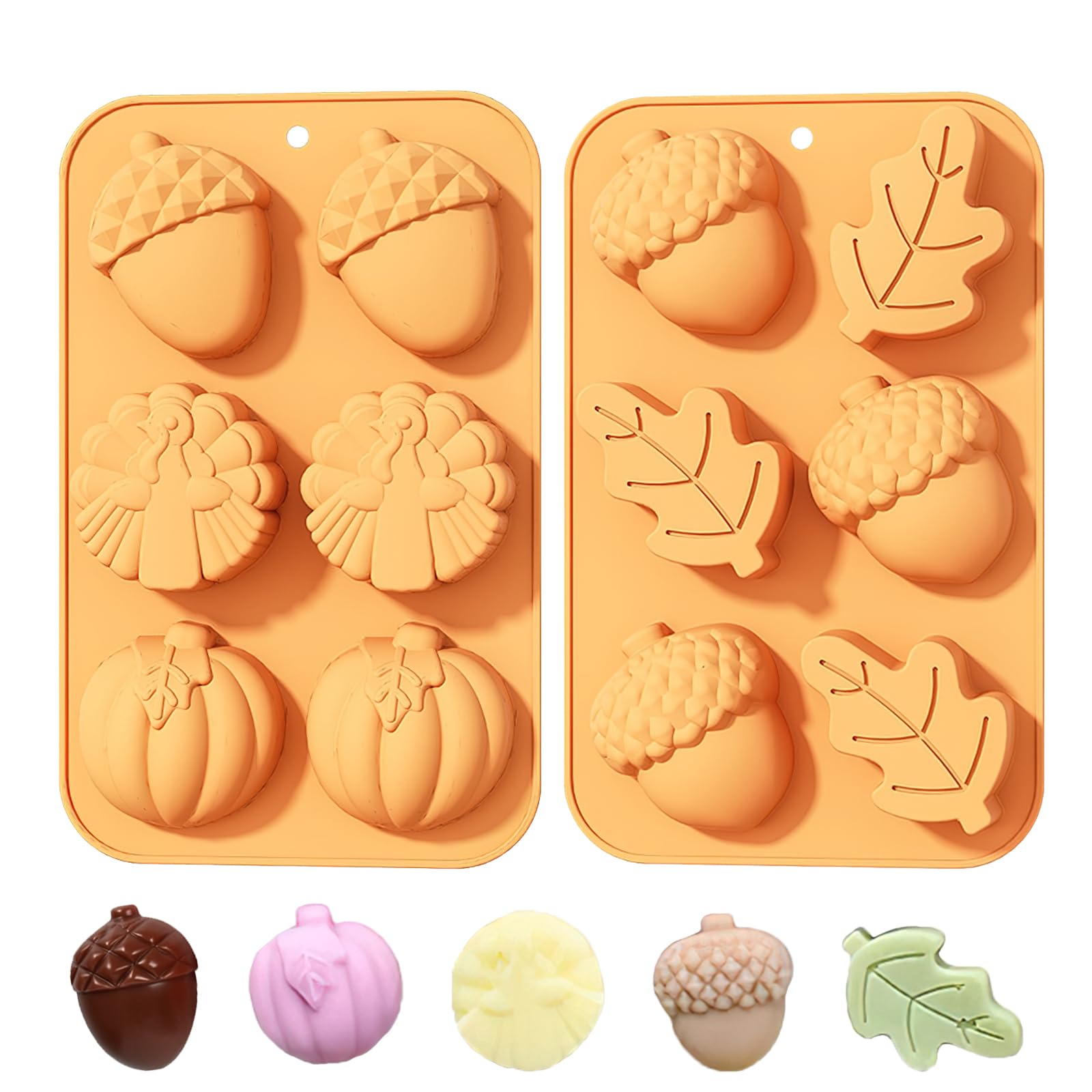 Photo 1 of 2 Pcs Thanksgiving Chocolate Molds 3D Pumpkin Turkey Pinecone Autumn Leaf Silicone Mold Candy Cake Baking Tray Molds for Fall Thanksgiving Party Supplies