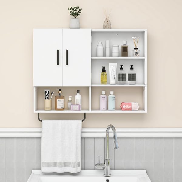 VAVKORKULA MEDICINE CABINET, WOODEN BATHROOM WALL CABINET WITH 2 DOORS, ADJUSTABLE SHELVES & TOWEL BAR, OVER TOILET STORAGE CABINET WALL MOUNTED FOR KITCHEN & LAUNDRY, WHITE