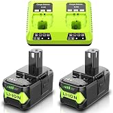Bonacell 2Packs Upgraded 8.0Ah Replacement for Ryobi 18V Battery and Dual Charger Combo Compatible with 18 Volt Battery ONE Plus P103 P104 P105 P107 P109 P190 P191 P122