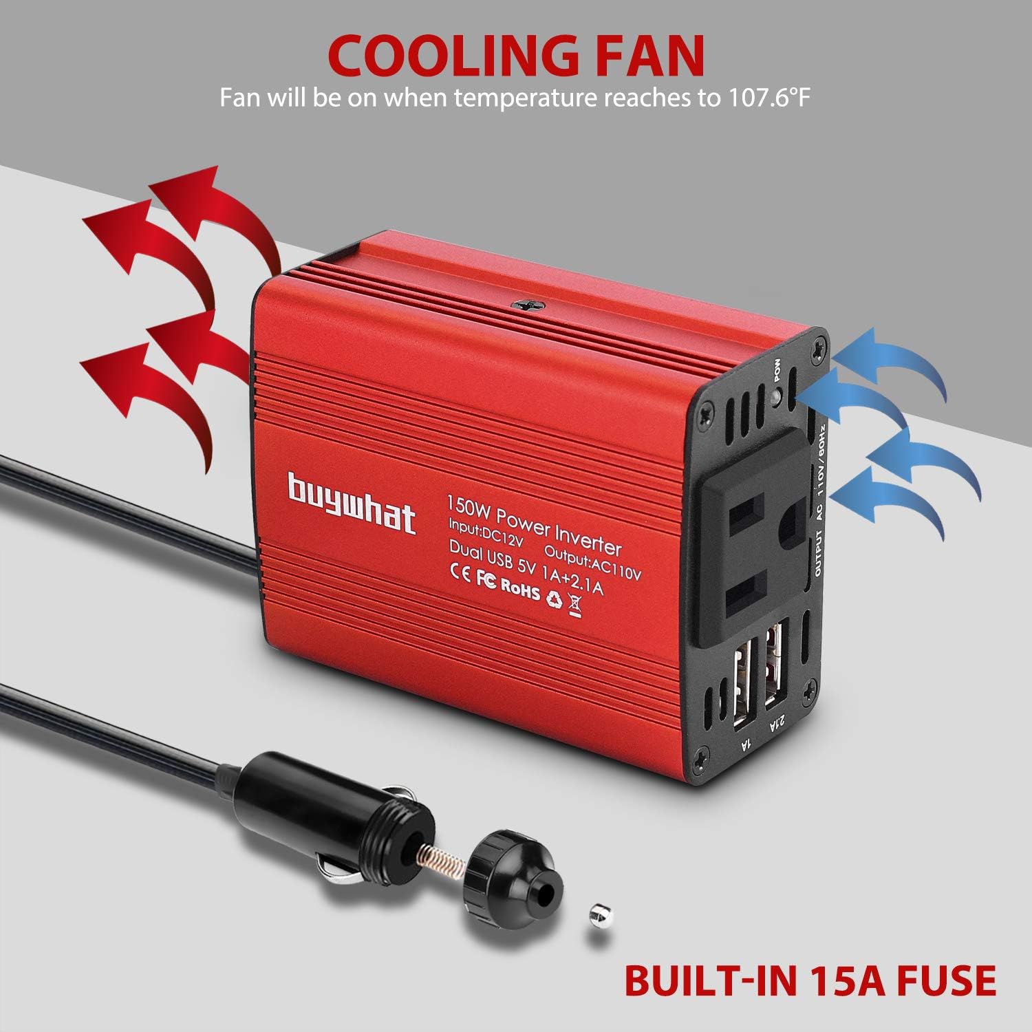 Buy What BW-150 150W Car Power Inverter DC 12V to 110V AC Outlet Converter 3.1A Dual USB Car Charger Adapter(Red)