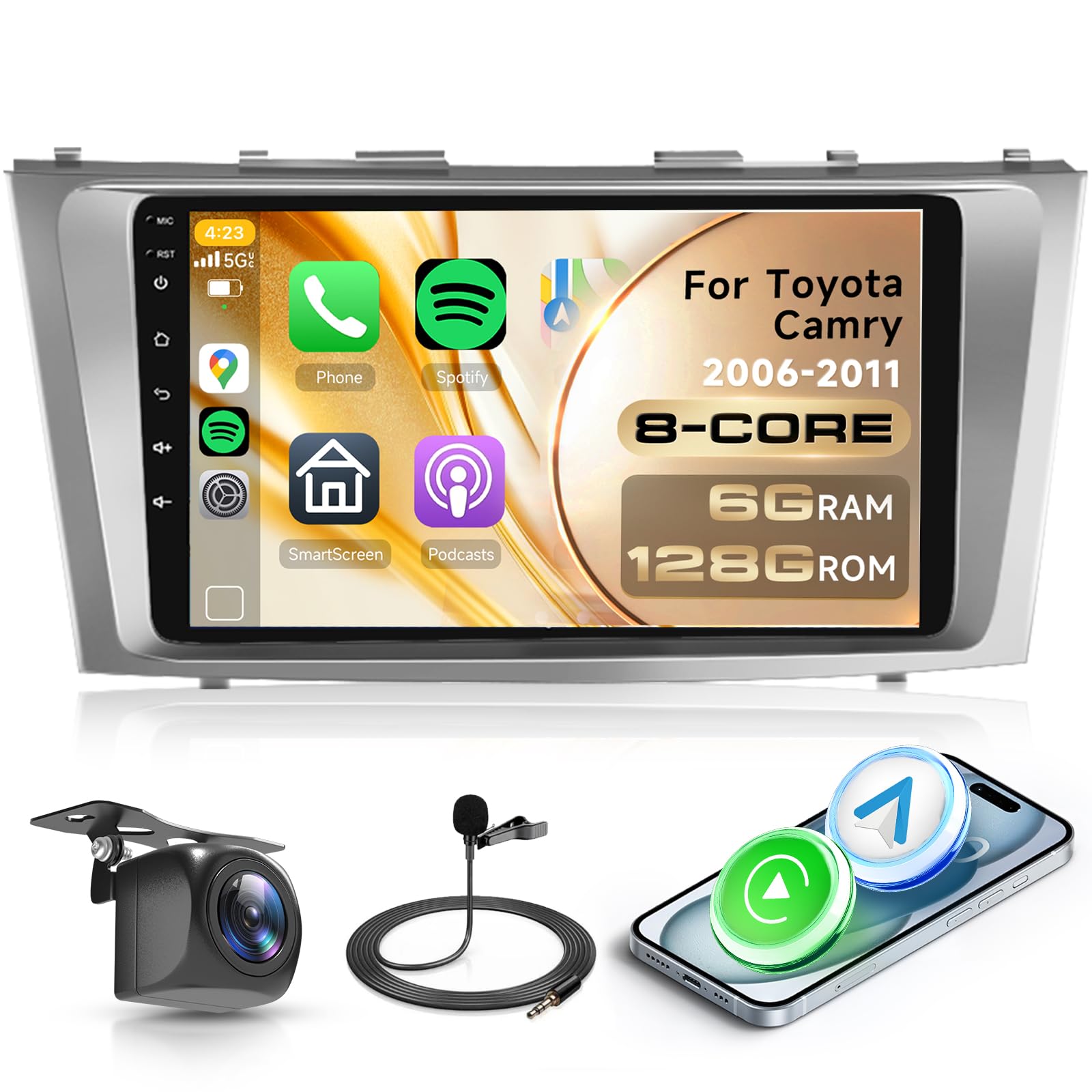 Photo 1 of 8 Core 6+128G Android Car Stereo for Toyota Camry 2006 2007 2008 2009 2010 2011 Wireless Carplay Android Auto, 9’’ Touchscreen Car Radio GPS Bluetooth Mirror Link WiFi FM/RDS DSP Backup Camera SWC