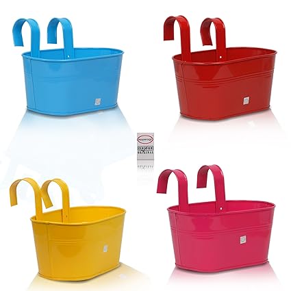 Pepper Agro Gardening Railing Balcony Planter Decorative Oval Hanging pots Metal Plant Container Assorted Colours Set of 4