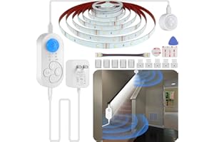 NIVOTA Dual Motion Sensor Light Indoor: Plug-in Motion Activated LED Stair Light Strip with Double Motion Sensors, Dimmer, and Timer for Stairway, Bedroom, Corridor - Cold White 6000K, 16.4FT, 150 LEDs