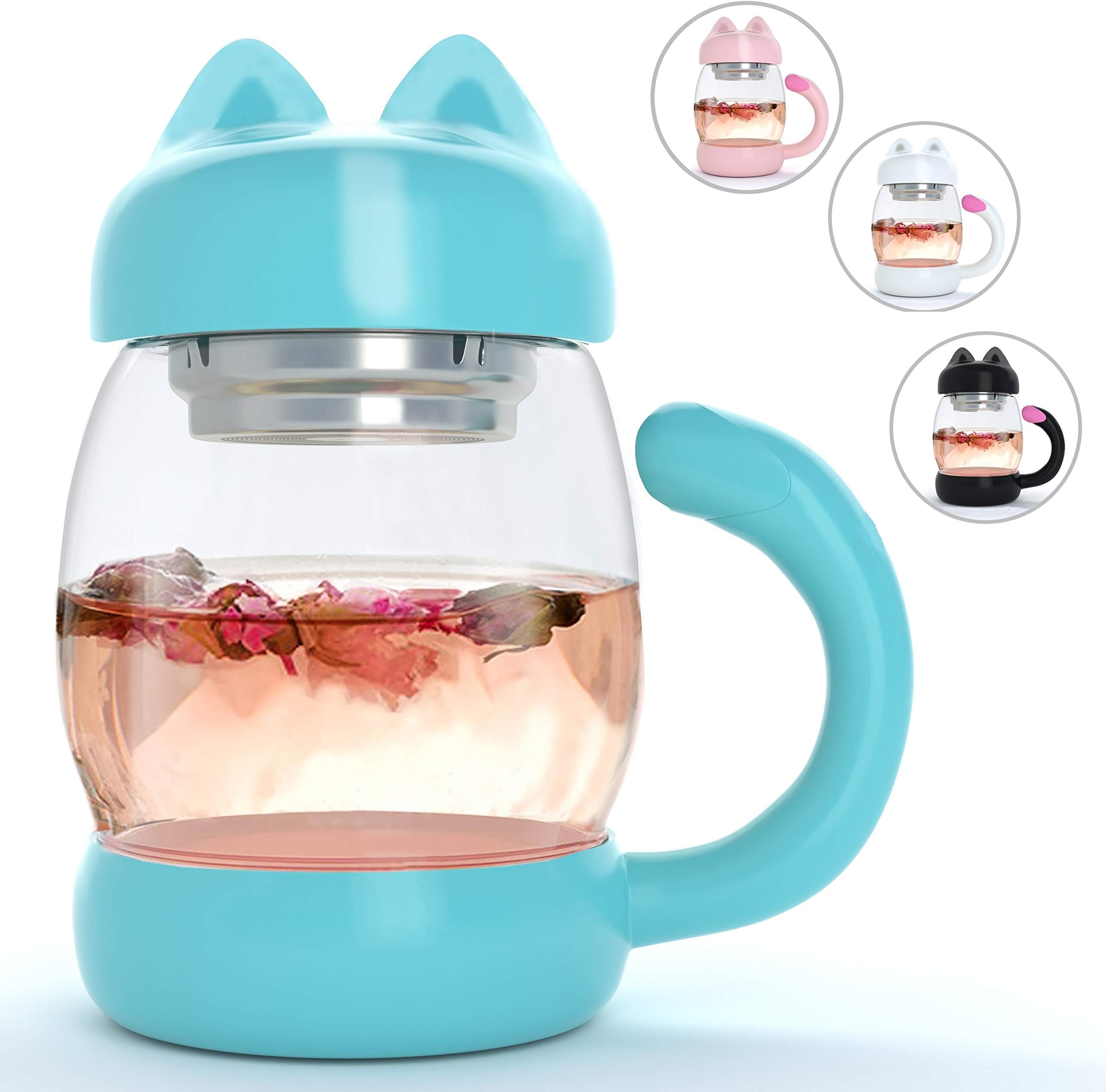 Cute Cat Glass Tea Mug / Cup With Removable Strainer / Infuser and Lid - for use with any Beverage - Holds 14 oz
