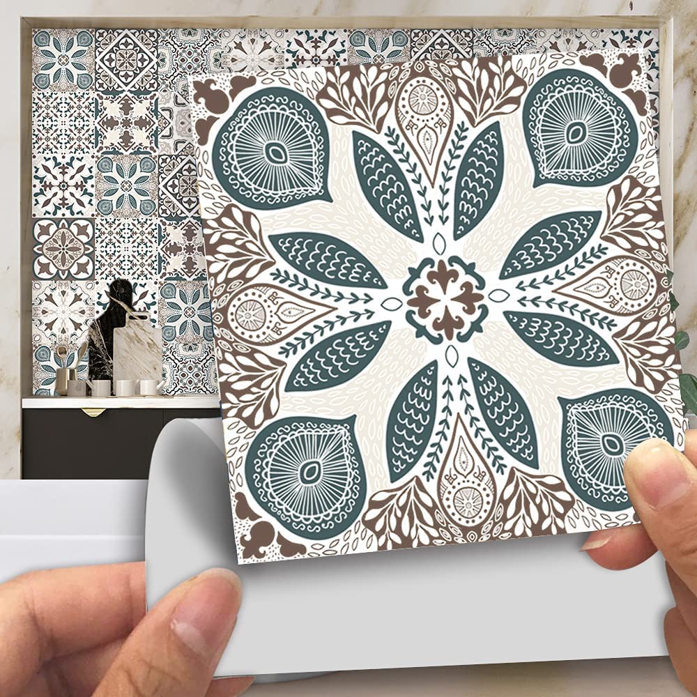 20pcs Vintage Victorian Tile Stickers, Kitchen Bathroom Wall Tile Stickers Peel and Stick on Tile Transfers Covers Decals Self Adhesive Vinyl Waterproof Beige Moroccan Mosaic (15cm x 15cm, 6x6 inches)