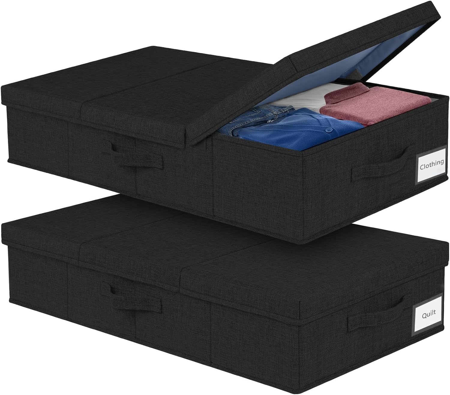 mepure 2 Pack 48L Underbed Storage, 79x40x15cm, Fabric Under Bed Storage Boxes with Lids, Large Foldable Clothes Storage Box W/Handle, Under Bed Storage Organiser for Clothes Blankets Shoes, Black