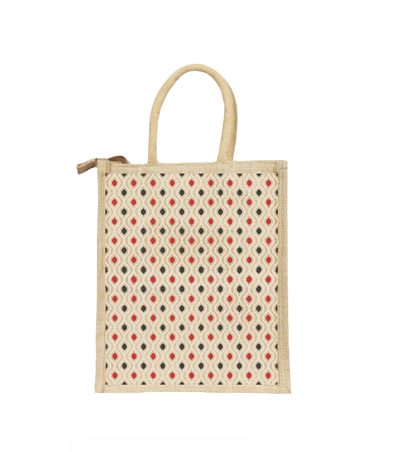 deshi decor unisex multipurpose jute lunch bag wth zip - polka-print (polka dots, dimensions:size, height= 12, length= 10, width= 5 inches)