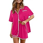 Ekouaer Pajamas Set for Women Short Sleeve Casual Sleepwear Button Down Pj Sets Shorts Soft Loungewear for Summer,S-XXL