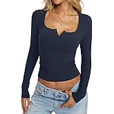 EasyGala Womens Cotton Long Sleeve Henley Shirts Sexy Square Neck Tops Slim Fit T-Shirt Trendy Outfits Fall Clothes 2026