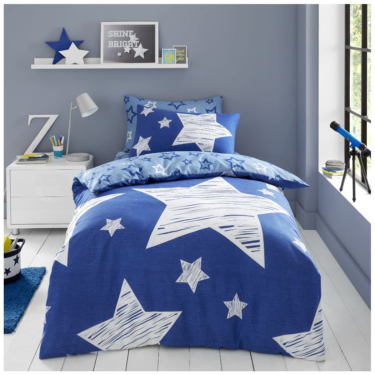GC GAVENO CAVAILIA Kids Super Star Duvet Cover Set Double | Navy Reversible Star Pattern Bedding Set | Soft Polycotton Bed Set with Pillowcases for Boys & Girls