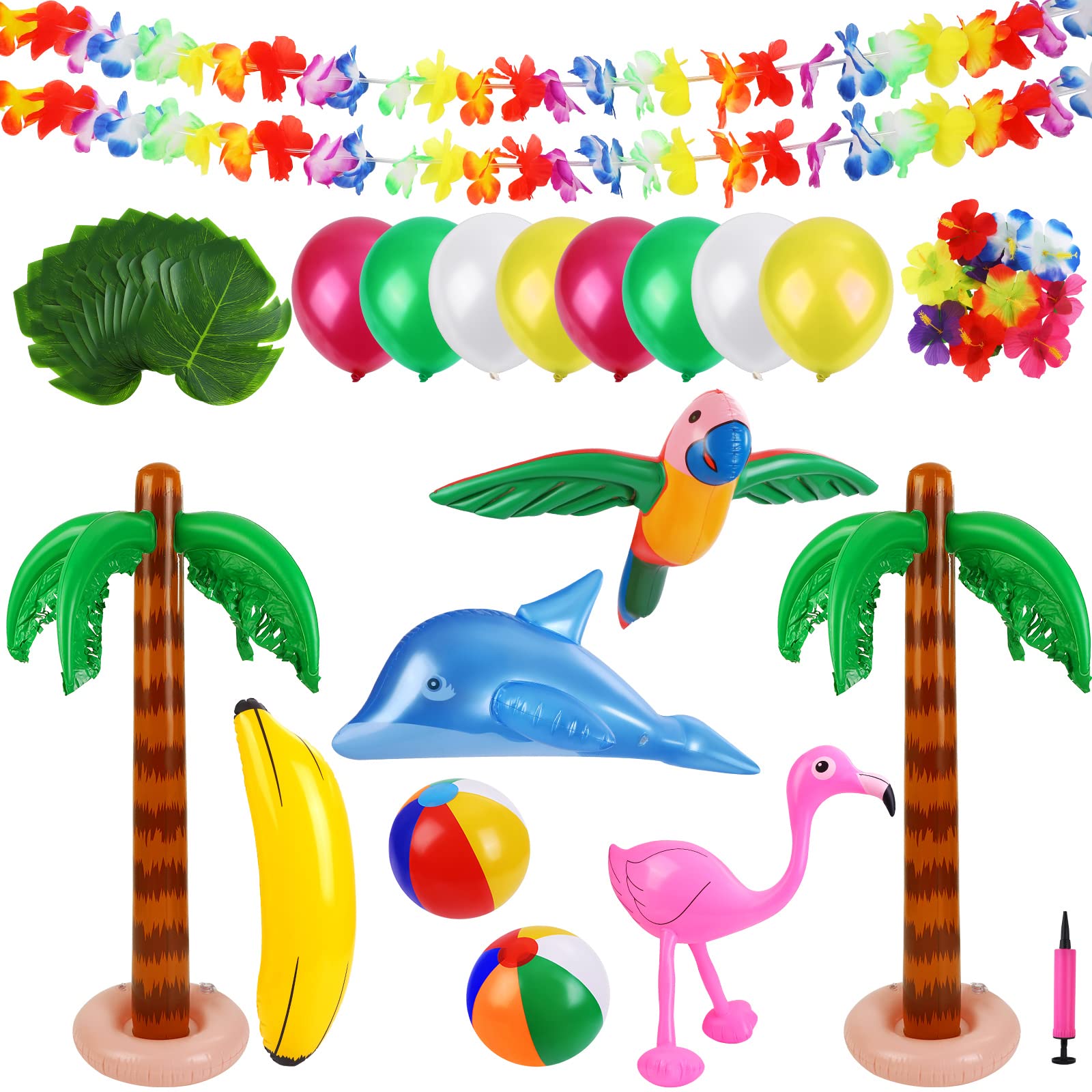 Ruisita 57 Pieces Inflatable Luau Party Set Includes Inflatable Palm Trees Inflatable Banana Beach Balls Flamingo Toys Flying Parrot Dolphin for Hawaii Party Luau Beach Party Decor