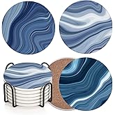 Britimes Coaster for Drinks Set of 6, Vintage Retro Colorful Blue Marble Absorbent Round Ceramic Stone Mat, with Cork Base and Metal Holder, Gift for Housewarming Room Bar Decor